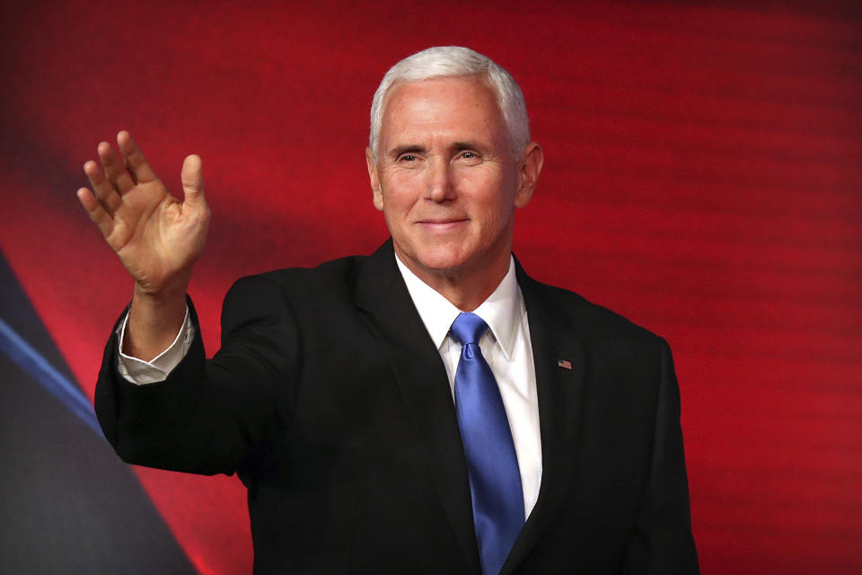 U.S. Vice President Mike Pence arrives to speak at the APEC CEO Summit at the Pacific Explorer cruise ship docked in Port Moresby, Papua New Guinea, Saturday, Nov. 17, 2018. (AP Photo/Mark Schiefelbein)