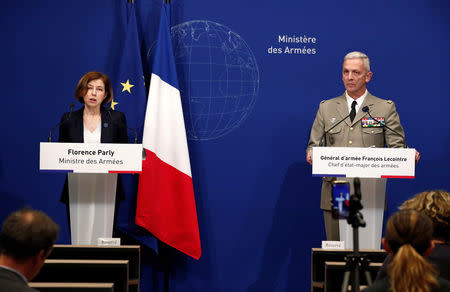 French Defence Minister Florence Parly and Chief of the Defense Staff of the French Army General Francois Lecointre hold a news conference after two French soldiers were killed in a rescue operation of four hostages in Burkina Faso, at the headquarters of the French Armed Forces in Paris, France, May 10, 2019. REUTERS/Benoit Tessier
