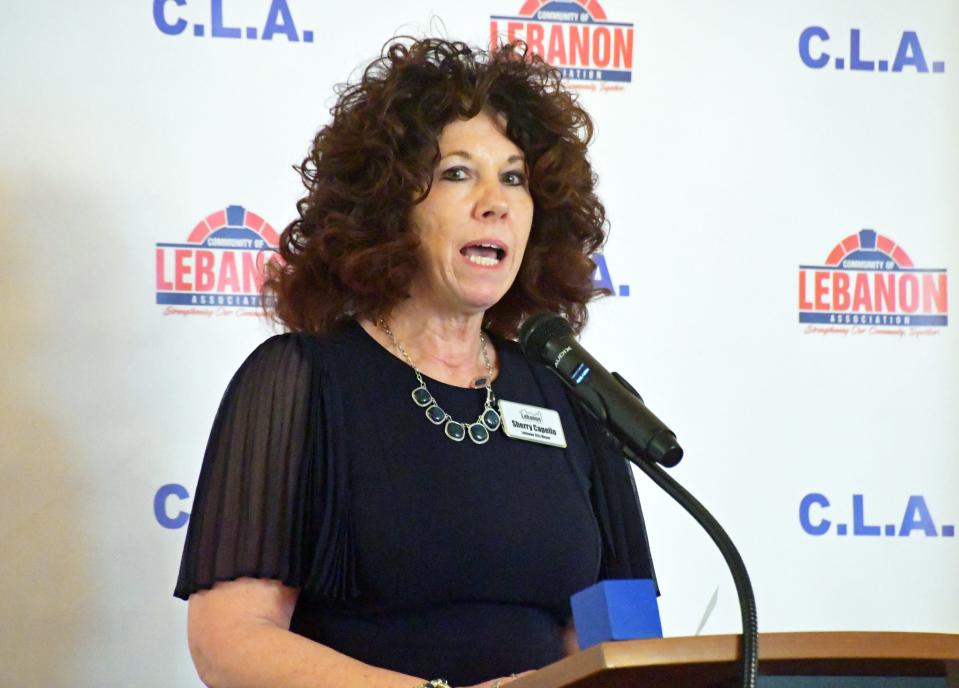 Lebanon Mayor Sherry Capello gives her State of the City Address at a luncheon in the Hebron Social Hall Wednesday. "We acknowledge we have work to do in some areas; especially with our housing shortage," she said. "We will continue to work to improve our city."