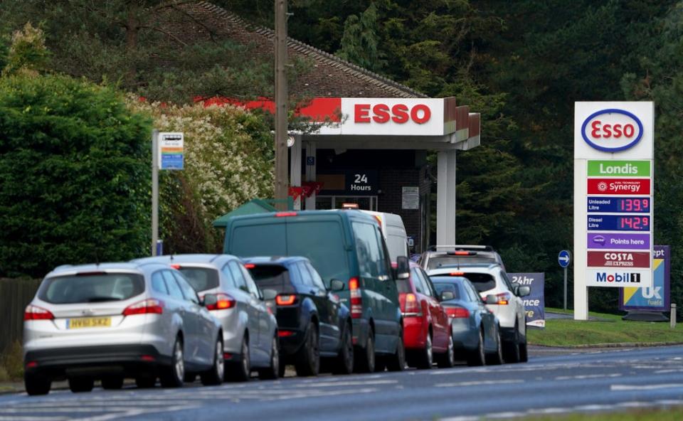 Motorists queue for fuel at an Esso petrol station in Kent (Gareth Fuller/PA) (PA Wire)