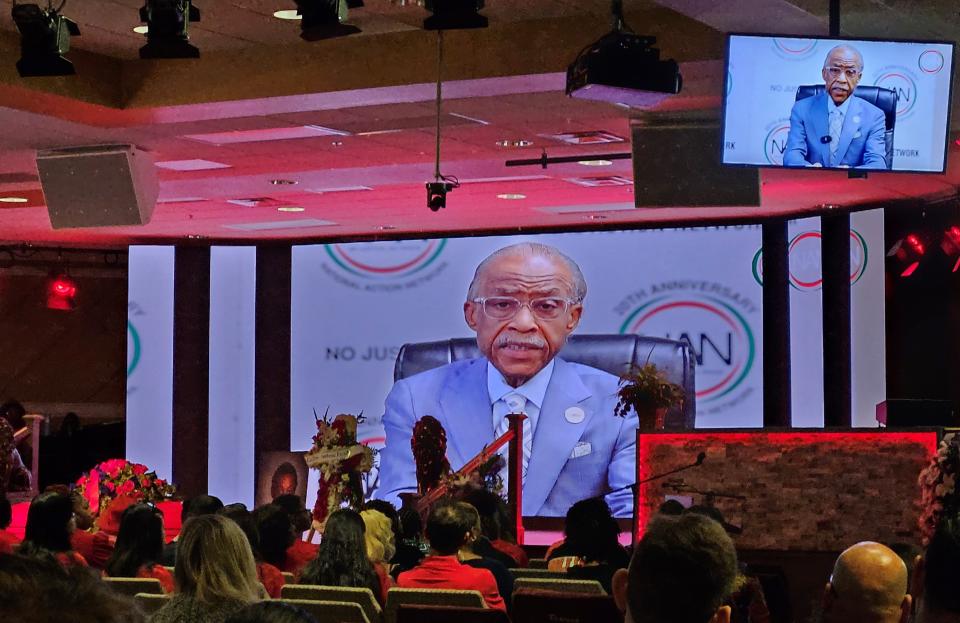 Rev. Al Sharpton delivers a video address during a memorial service for Ryan Gainer, 15, of Apple Valley at the Burning Bush Church in Victorville on Saturday, April 20, 2024.