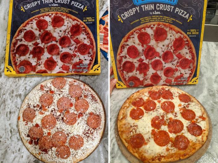 side by side photos of uncooked and cooked pepperoni pizza from lidl