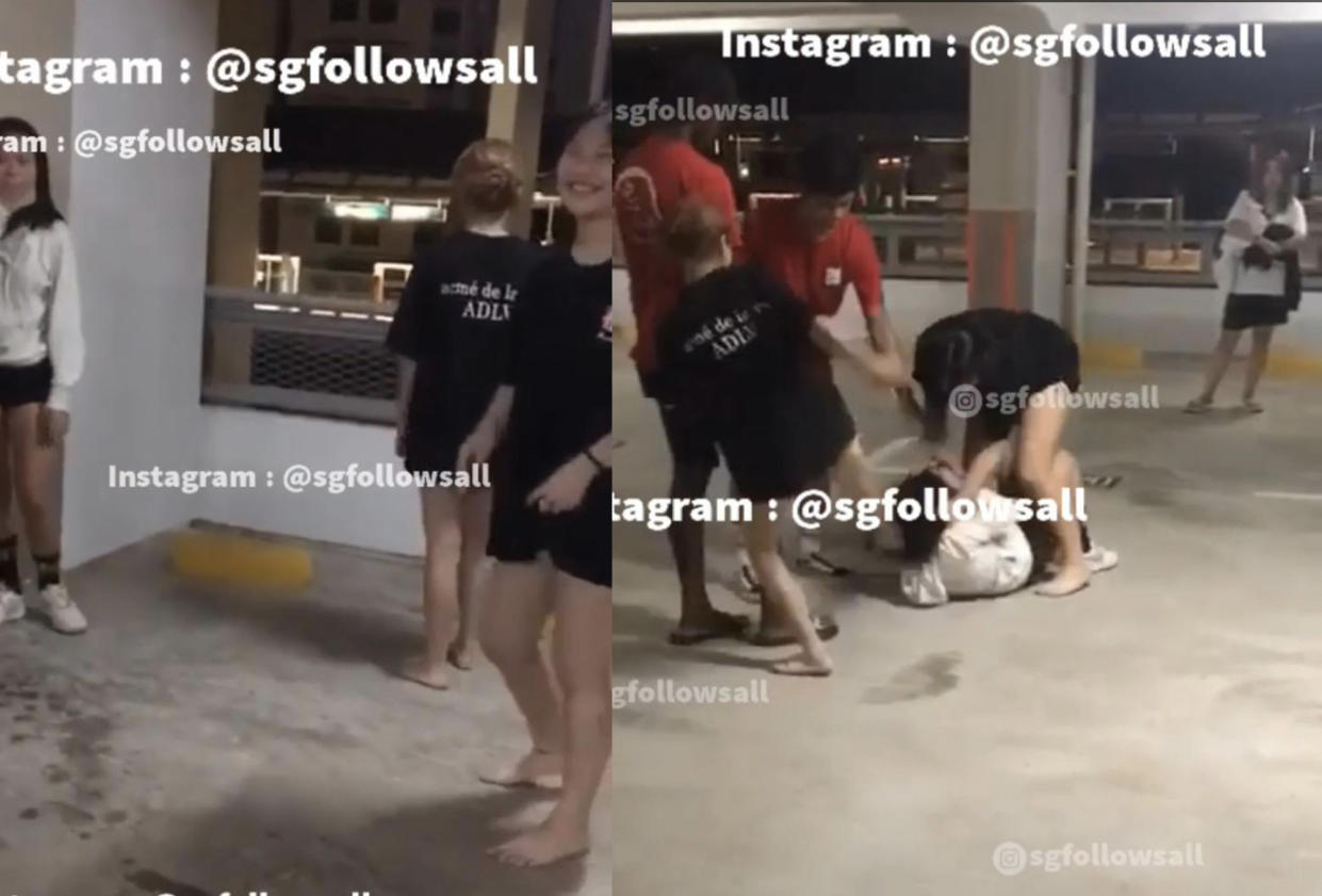 This image shows scenes from a video of an alleged assault by a group of females at a car park at Compassvale Link in Singapore.