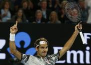 Tennis - Australian Open - Melbourne Park, Melbourne, Australia - 26/1/17 Switzerland's Roger Federer celebrates winning his Men's singles semi-final match against Switzerland's Stan Wawrinka. REUTERS/Edgar Su