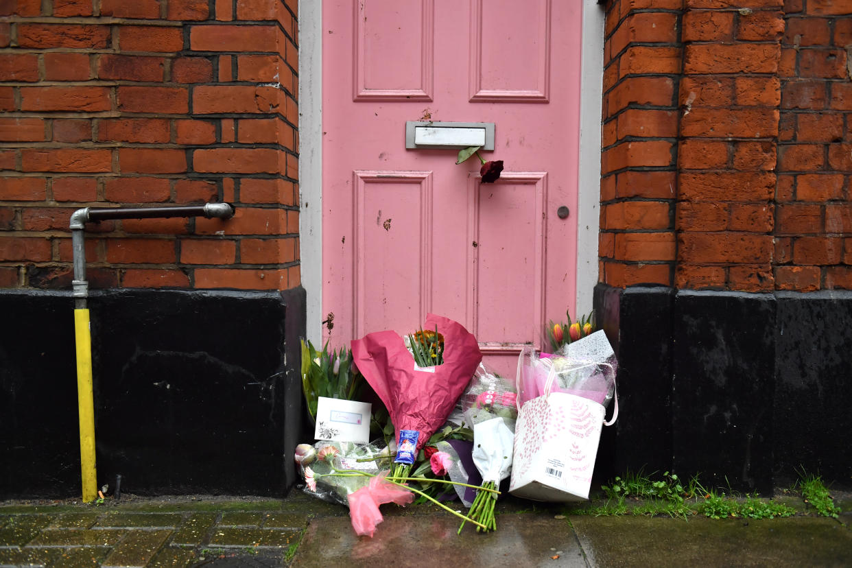 Floral tributes placed outside Caroline Flack's former home in North London. (Photo by Dominic Lipinski/PA Images via Getty Images)