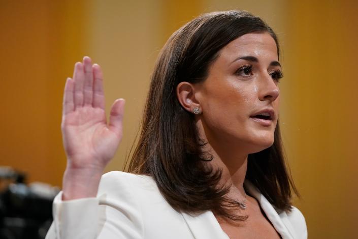 Cassidy Hutchinson, aide to former White House chief of staff Mark Meadows, is sworn in before testifying before the House Jan. 6 committee on June 28, 2022.