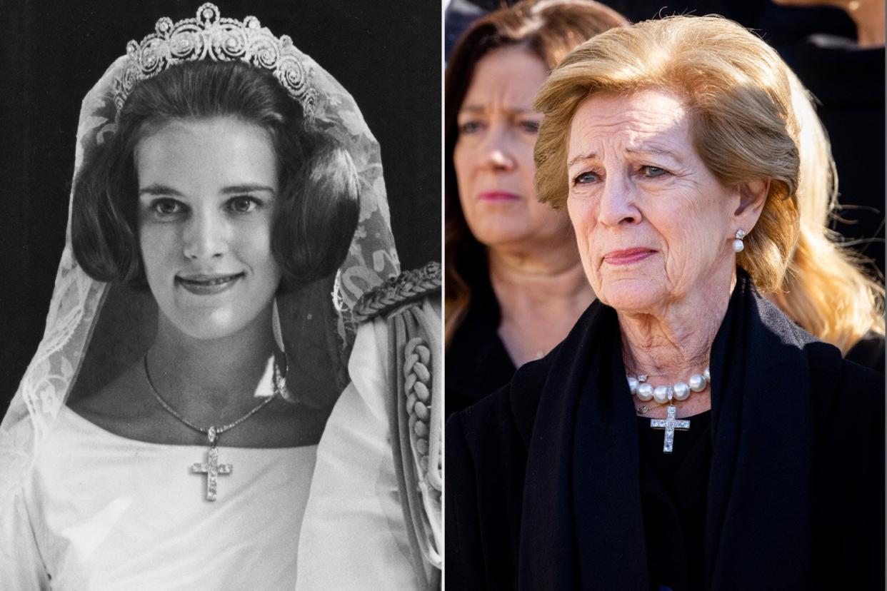 King Constantine II of Greece and Queen Anne Marie pose for photos on their wedding day in Athens on September 18, 1964. - Denmark OUT (Photo by Steen JACOBSEN / Ritzau Scanpix / AFP) / Denmark OUT (Photo by STEEN JACOBSEN/Ritzau Scanpix/AFP via Getty Images); ATHENS, GREECE - JANUARY 16: Queen Anne Marie of Greece attends the funeral of former King Constantine II of Greece on January 16, 2023 in Athens, Greece. Constantine II, Head of the Royal House of Greece, reigned as the last King of the Hellenes from 6 March 1964 to 1 June 1973, and died in Athens at the age of 82. (Photo by Patrick van Katwijk/Getty Images)