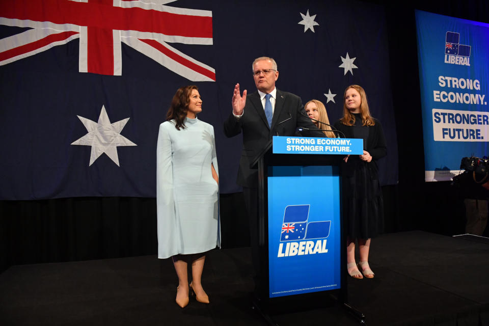 Prime Minister Scott Morrison, wife Jenny and daughters Lily and Abbey during the outgoing PM's concession speech. Source: AAP