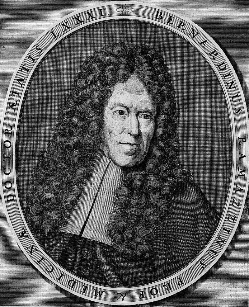 <span class="caption">Bernardino Ramazzini, considéré comme le père de la médecine du travail avait démontré dès le 17ᵉ siècle que la sédentarité des travailleurs ruinait leur santé.</span> <span class="attribution"><span class="source">Domaine public</span></span>