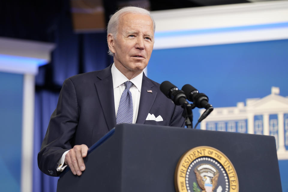 President Joe Biden responds to a reporters question after speaking about the economy in the South Court Auditorium in the Eisenhower Executive Office Building on the White House Campus, Thursday, Jan. 12, 2023, in Washington. (AP Photo/Andrew Harnik)
