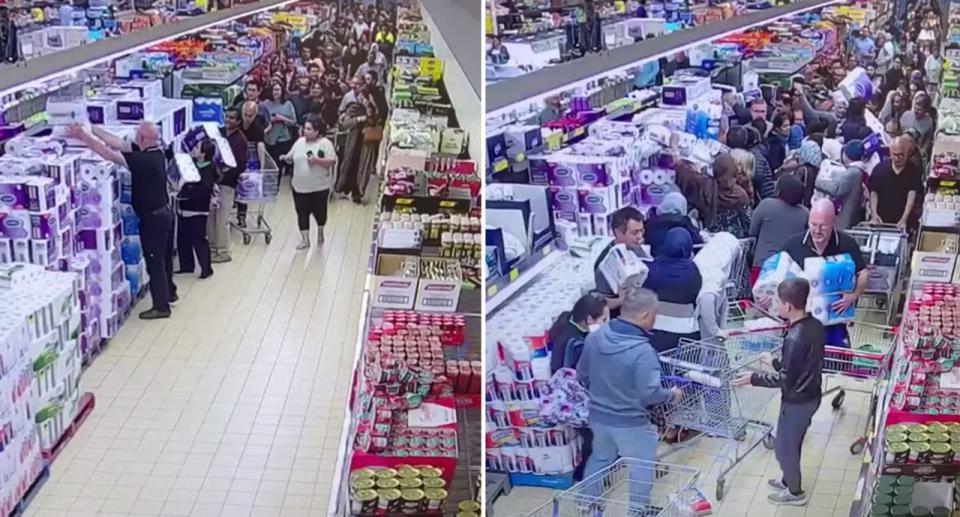 Shoppers rush into a Melbourne Aldi to buy toilet paper.