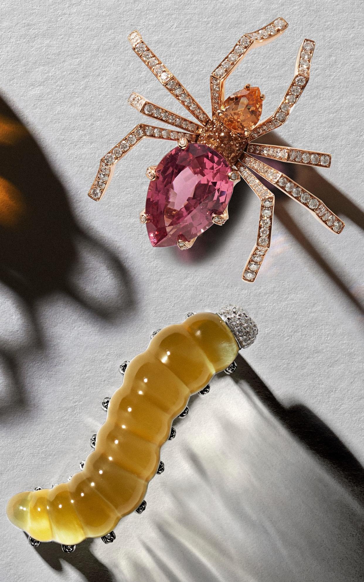 Pink-gold, diamond, sapphire and spinel Jardins Araignée ring, price on request, Chaumet. 18ct white-gold, diamond, yellow-agate and rock-crystal Bruco brooch, £6,450, Vhernier -  PHILIPPE FRAGNIERE