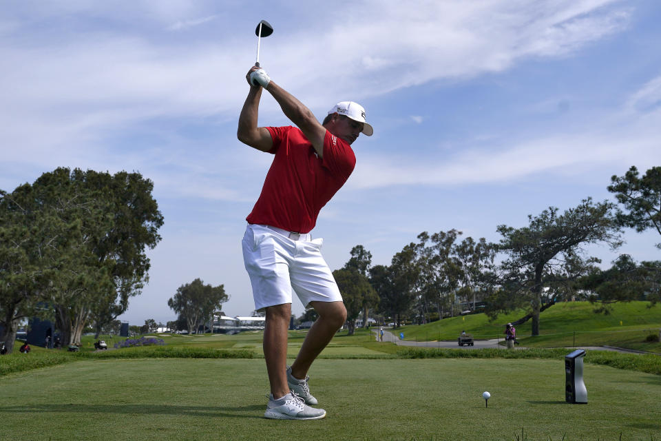 Bryson DeChambeau takes a practice swing on the 18th tee during a practice round of the U.S. Open Golf Championship, Tuesday, June 15, 2021, at Torrey Pines Golf Course in San Diego. (AP Photo/Marcio Jose Sanchez)