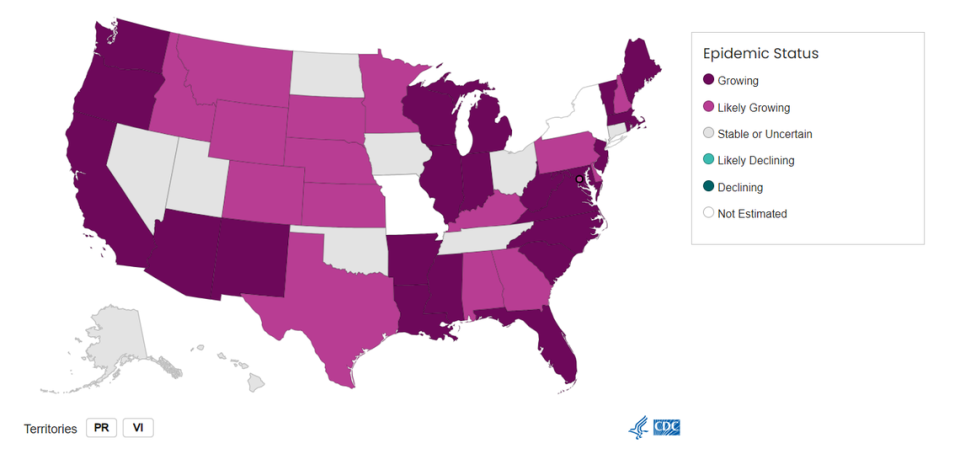 Florida is one of 39 states the CDC estimates is seeing an increase or likely seeing an increase in COVID infections, as of June 18, 2024. COVID remains “stable or uncertain in 10 states and territories” and is not declining anywhere in the country, the CDC says.