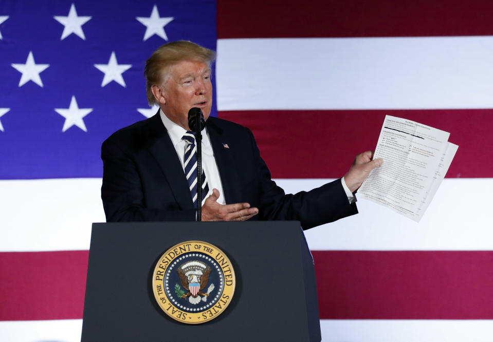 President Donald Trump holds up a list of his administrations accomplishments while speaking at a Republican fundraiser at the Carmel Country Club in in Charlotte, N.C., Friday, Aug. 31, 2018. (AP Photo/Pablo Martinez Monsivais)