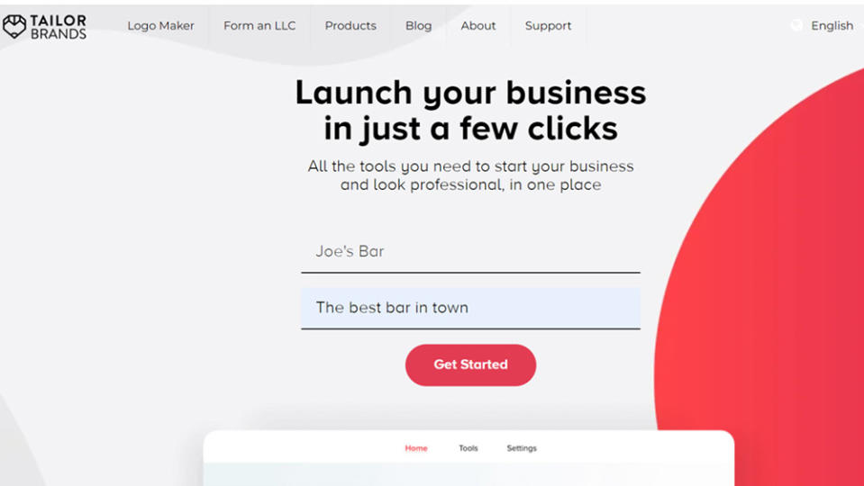 The first screen in the Tailor Brands logo maker, one of the best free logo makers