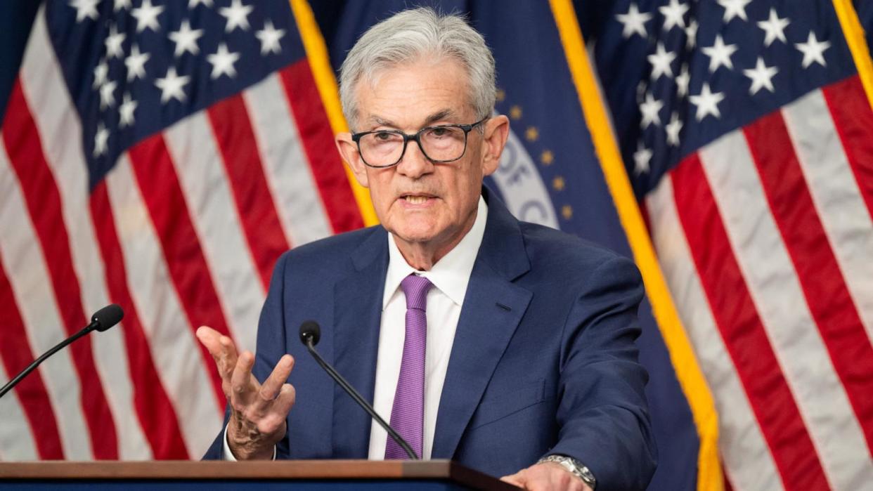 PHOTO: Federal Reserve Chair Jerome Powell holds a press conference at end of the Federal Open Market Committee (FOMC) meeting, in Washington, D.C., on May 1, 2024.  (Saul Loeb/AFP via Getty Images)