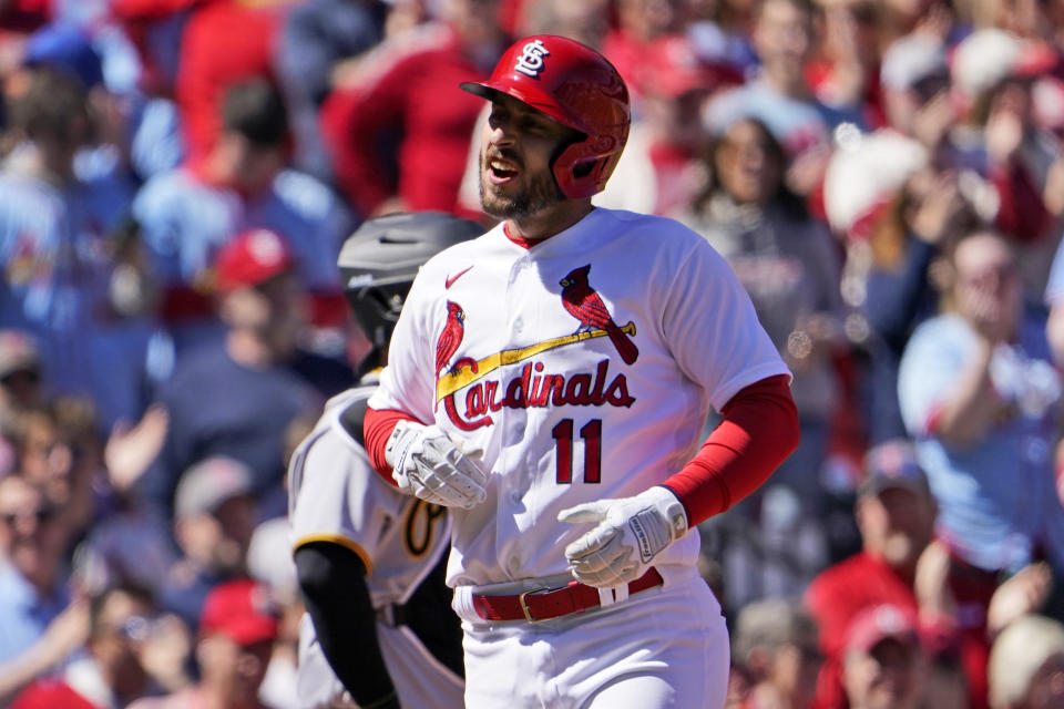 St. Louis Cardinals' Paul DeJong celebrates after hitting a two-run home run during the third inning of a baseball game against the Pittsburgh Pirates Saturday, April 9, 2022, in St. Louis. (AP Photo/Jeff Roberson)