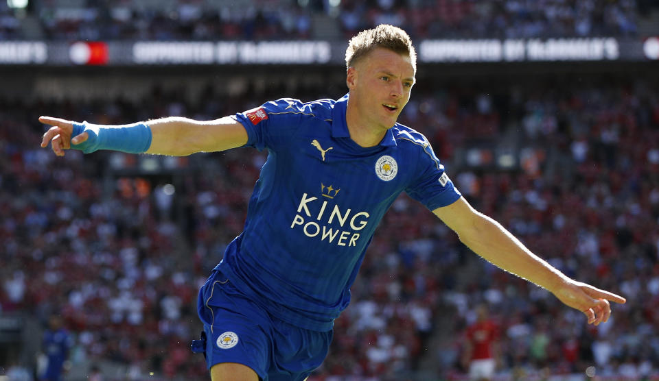 Football Soccer Britain - Leicester City v Manchester United - FA Community Shield - Wembley Stadium - 7/8/16 Leicester City's Jamie Vardy celebrates scoring their first goal Action Images via Reuters / John Sibley Livepic EDITORIAL USE ONLY. No use with unauthorized audio, video, data, fixture lists, club/league logos or "live" services. Online in-match use limited to 45 images, no video emulation. No use in betting, games or single club/league/player publications. Please contact your account representative for further details.