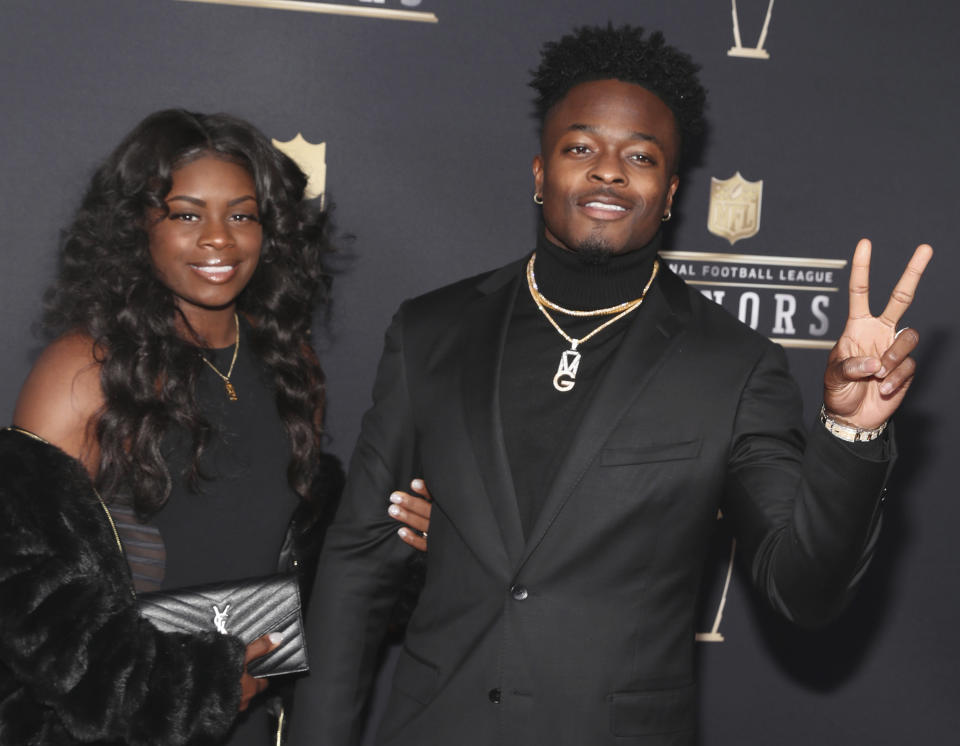 Marquise Goodwin of the San Francisco 49ers, right, and Morgan Goodwin arrive at the NFL Honors awards show in February. (AP)