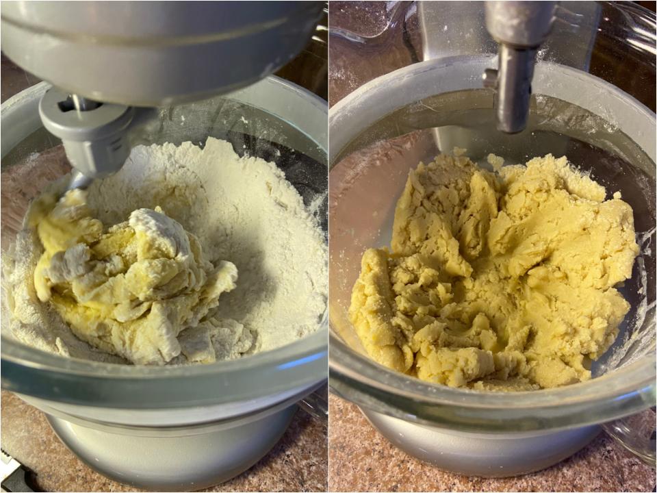 Side by side of wet and dry dough in a mixer next to the final, wet yellow dough in the mixer bowl.