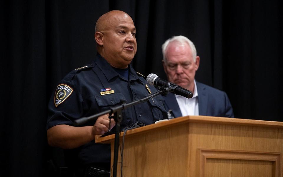 Uvalde Police Chief Pete Arredondo speaks at a press conference following the shooting at Robb Elementary School in Uvalde, Texas, U.S., May 24, 2022. Picture taken May 24, 2022. Mikala Compton/USA TODAY NETWORK via REUTERS THIS IMAGE HAS BEEN SUPPLIED BY A THIRD PARTY. MANDATORY CREDIT. NO RESALES. NO ARCHIVES - Mikala Compton/USA TODAY NETWORK 
