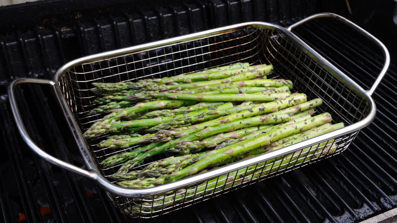 asparagus in a grill basket