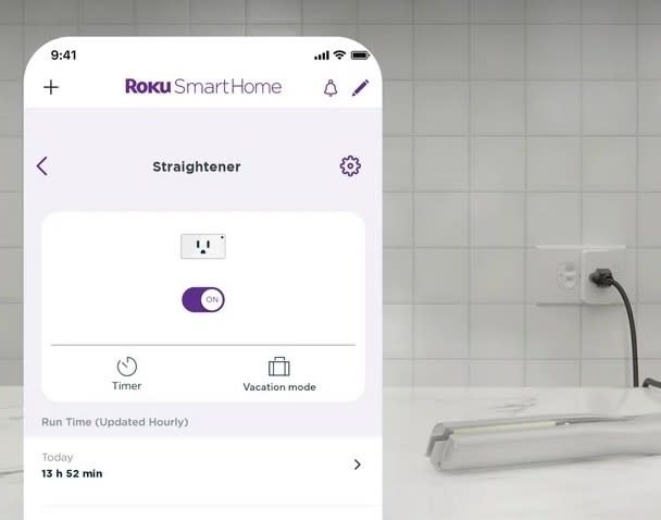 Screenshot of a smartphone app for Roku Smart Home showing a hair straightener management interface with timer and vacation mode options