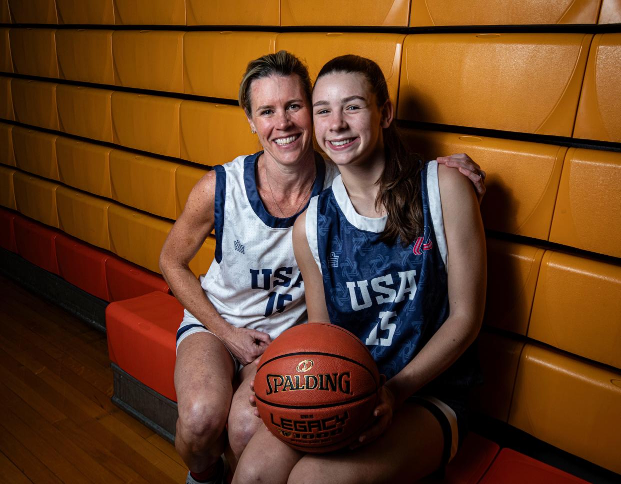 Carolyn Dorfman of Mamaroneck and her daughter Addison, 15, both won medals in basketball at the Maccabi Pan-Am Games in Argentina over the holidays. Carolyn played on the USA open team, and Addison played on the USA U18 team. When countries pulled out over security concerns, Addison's team was forced to play against adult teams, including playing against her mother. They were photographed at Mamaroneck High School Jan. 15, 2024.