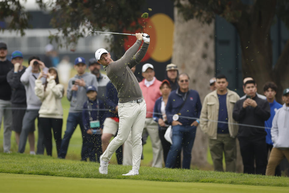 Rory McIlroy, hits from the fairway on the third hole during the third round of the Genesis Invitational golf tournament at Riviera Country Club Saturday, Feb. 17, 2024, in the Pacific Palisades area of Los Angeles. (AP Photo/Ryan Kang)