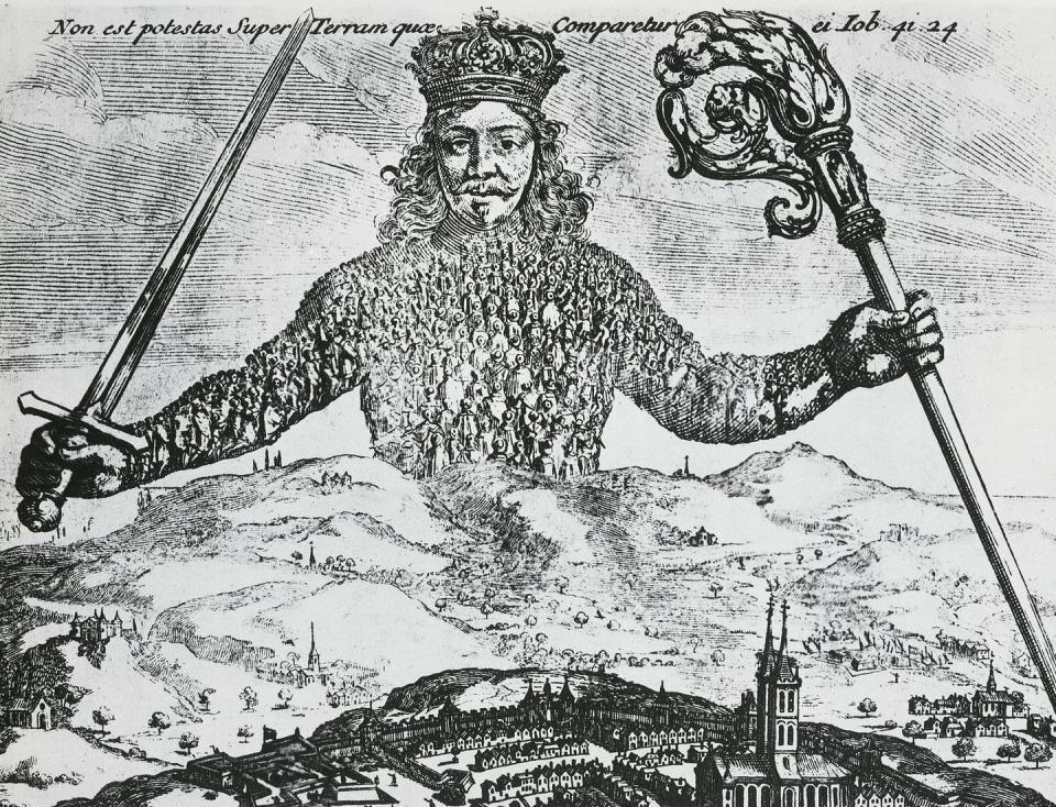 <span class="caption">Hobbes’ choice – an image from ‘Leviathan.’</span> <span class="attribution"><a class="link " href="https://www.gettyimages.com/detail/news-photo/leviathan-by-thomas-hobbes-title-page-for-the-1651-edition-news-photo/159826974?adppopup=true" rel="nofollow noopener" target="_blank" data-ylk="slk:Photo by DeAgostini/Getty Images;elm:context_link;itc:0;sec:content-canvas">Photo by DeAgostini/Getty Images</a></span>