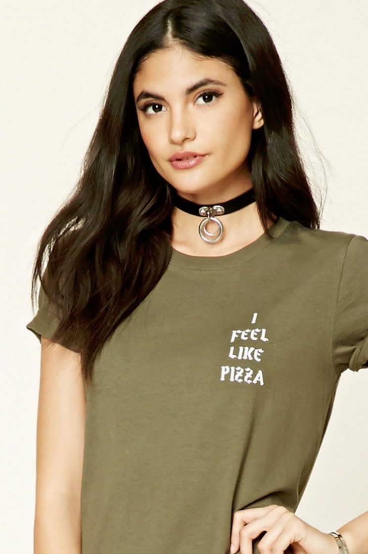 Forever 21's 'I Feel Like Pizza Graphic Tee' is being accused of being stolen from another designer. (Photo: Forever 21)