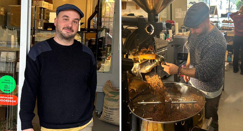 Richie Marchandise stands outside a cafe next to a photo holding coffee beans.