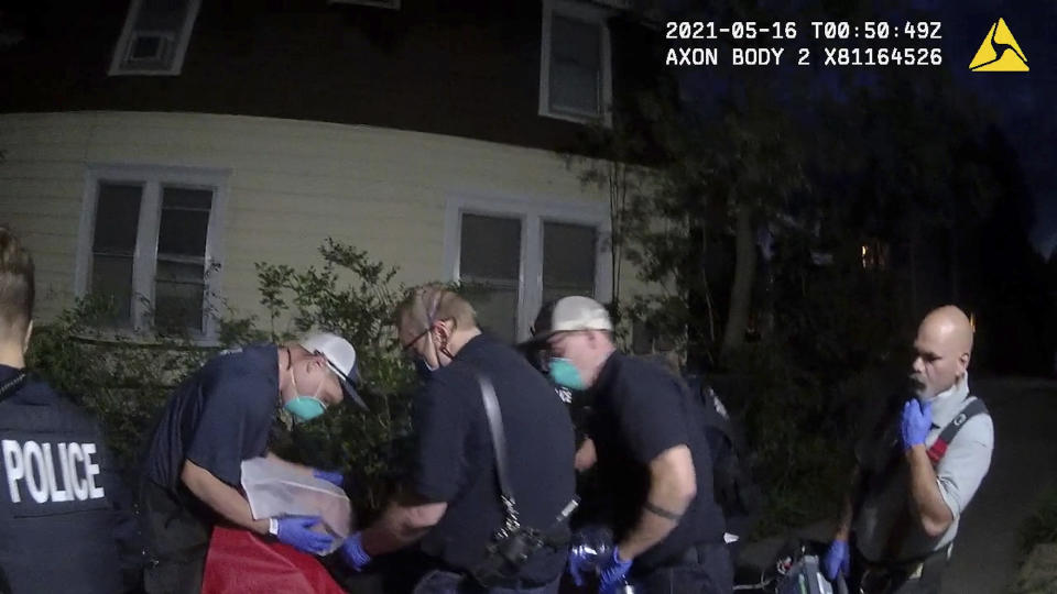 This image provided by American Civil Liberties Union of Vermont shows Burlington Police Department body cam footage of a police interaction with a Black teen late evening on May 15, 2021 in Burlington, Vt. A mother wanted to teach her then 14-year-old son a lesson after he stole electronic cigarettes from a gas station so she called police. A lawsuit by the mother alleges the Burlington police used excessive force and discriminated against her unarmed son. (Burlington Police Department/American Civil Liberties Union of Vermont via AP)