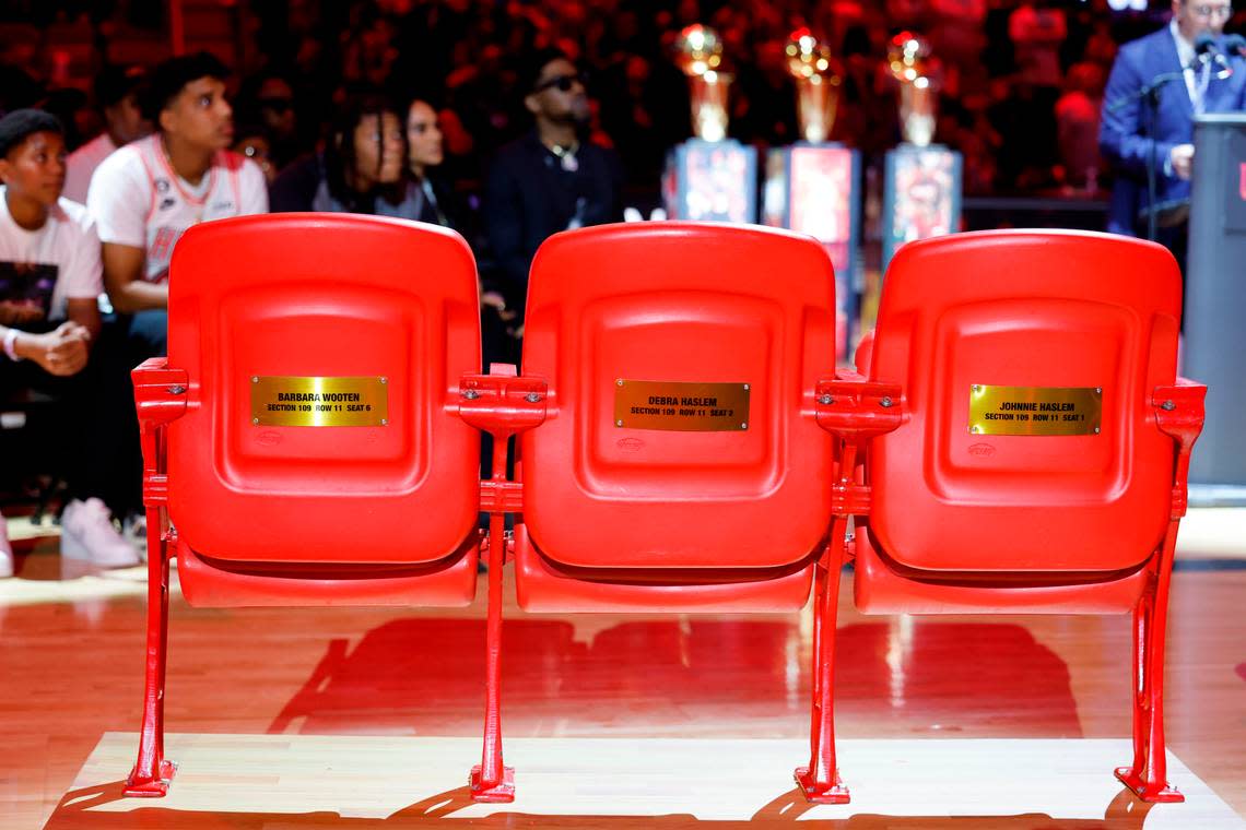 Udonis Haslem’s family names are labeled on arena seats on display as the Miami Heat retire Haslem’s No. 40 jersey during the halftime ceremony in the game between the Miami Heat and the Atlanta Hawks at the Kaseya Center in Miami, Florida on Friday, January 19, 2024.  