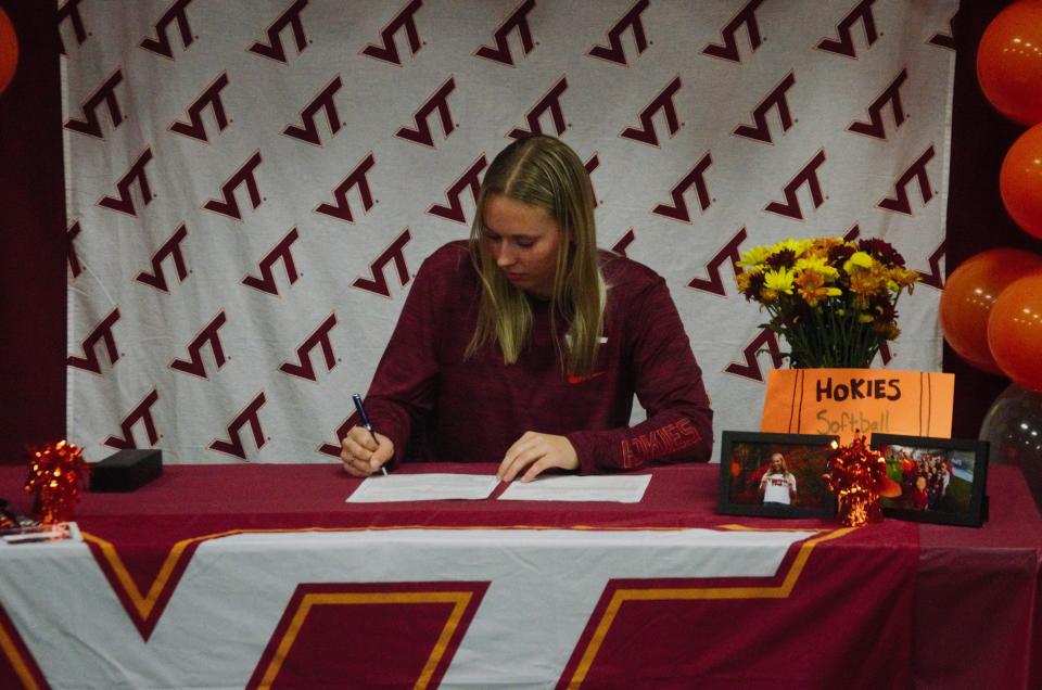 Gaylord's Jayden Jones signs her letter of intent to play softball at Virginia Tech University on Wednesday, Nov. 8.