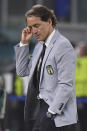 Italy's manager Roberto Mancini gestures during the Euro 2020 soccer championship group A match between Italy and Turkey at the Olympic stadium in Rome, Friday, June 11, 2021. (Alberto Lingria/Pool Photo via AP)
