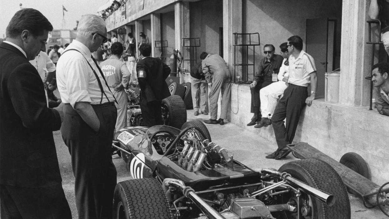 italian race car driver and businessman enzo ferrari 1898 1988 casts his eye over the brabham repco during the italian grand prix at monza, 4th september 1966 photo by reg lancasterexpresshulton archivegetty images