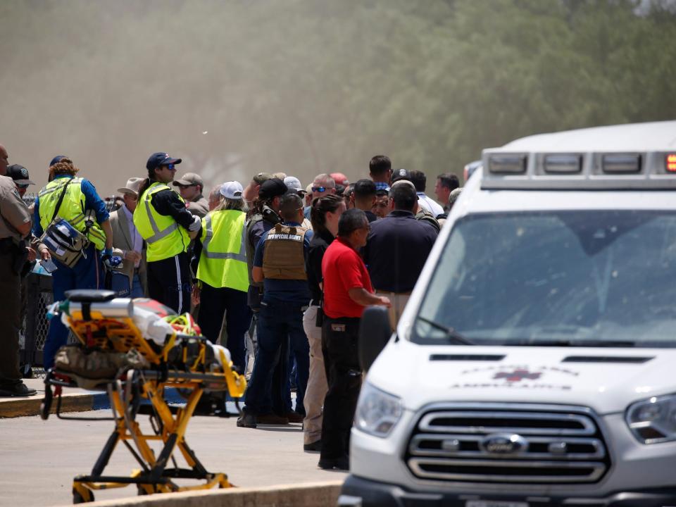 Emergency personnel gather near Robb Elementary School