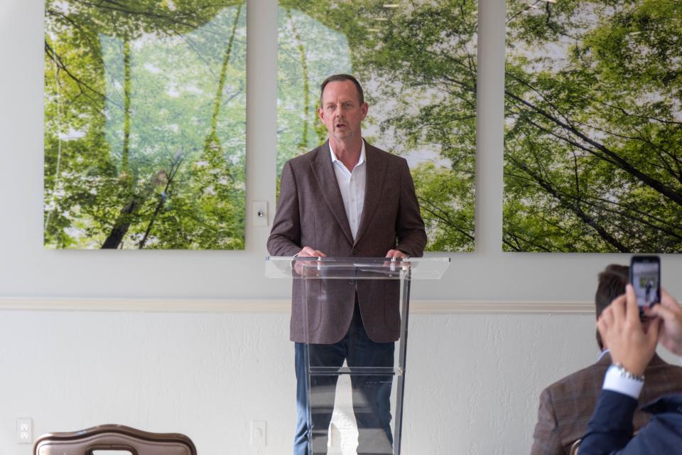 John Albers founder and CEO of Albers Aerospace addresses the audience Wednesday in downtown Amarillo  bringing its facility to city.