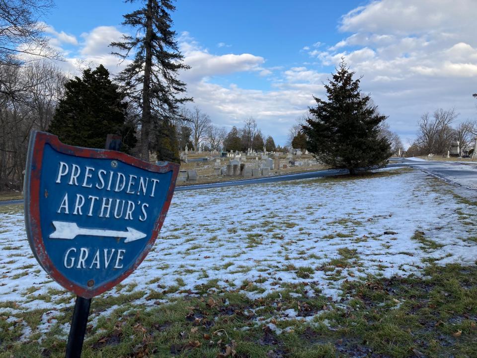 A sign points the way Feb. 12 2022 to the gravesite of Chester Alan Arthur, the Vermont-born 21st president of the United States, at Albany Rural Cemetery near Albany, New York.