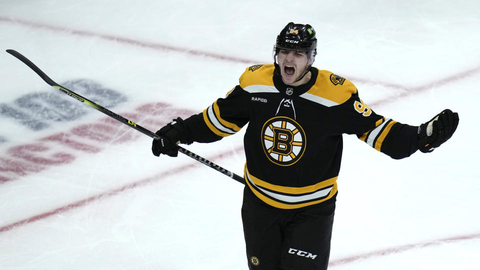 Boston Bruins forward Jakub Lauko celebrates after his goal against the Buffalo Sabres during the second period of an NHL hockey game Thursday, March 2, 2023, in Boston. (AP Photo/Charles Krupa)