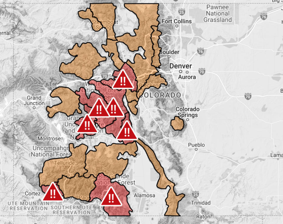 Colorado's avalanche danger, mapped out. Courtesy of <a href="https://avalanche.state.co.us/" rel="nofollow noopener" target="_blank" data-ylk="slk:CAIC.;elm:context_link;itc:0;sec:content-canvas" class="link ">CAIC. </a>