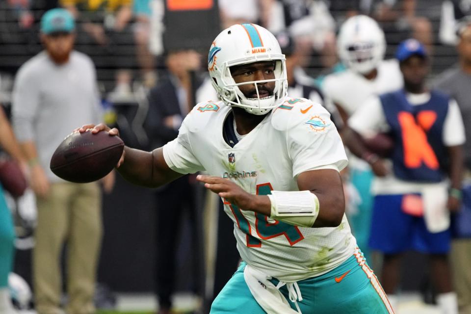 Miami Dolphins quarterback Jacoby Brissett during a game against the Las Vegas Raiders.