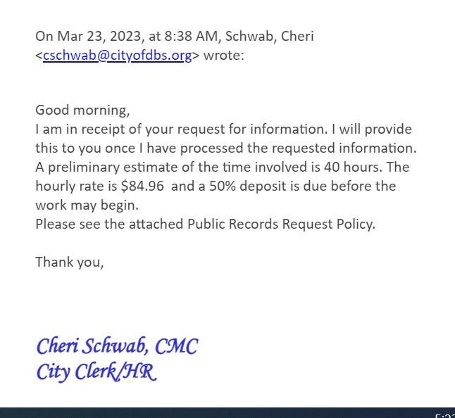 This is the response from Daytona Beach Shores City Clerk Cheri Schwab to Mark Dickinson, estimating a cost of $3,398.40 to process and provide an internal affairs investigation.