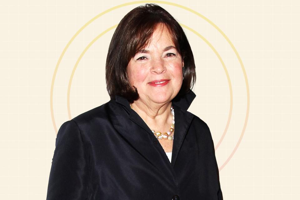 Ina Garten on a designed background