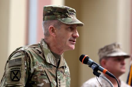 Incoming Commander of Resolute Support forces and U.S. forces in Afghanistan, U.S. Army General John Nicholson speaks during a change of command ceremony in Resolute Support headquarters in Kabul, Afghanistan, March 2, 2016. REUTERS/Rahmat Gul/Pool