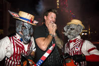 <p>WWE star Chris Jericho got nervous when he found himself cornered by an evil donkey and elephant. (Photo: Nate Weber/Universal Studios Hollywood) </p>