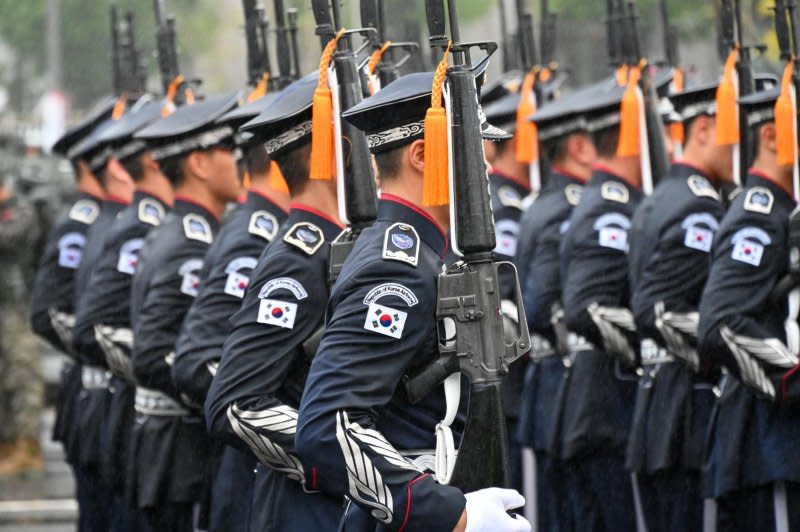 South Korean airmen march in a military parade for Armed Forces Day on Tuesday in Seoul. Photo by Thomas Maresca/UPI