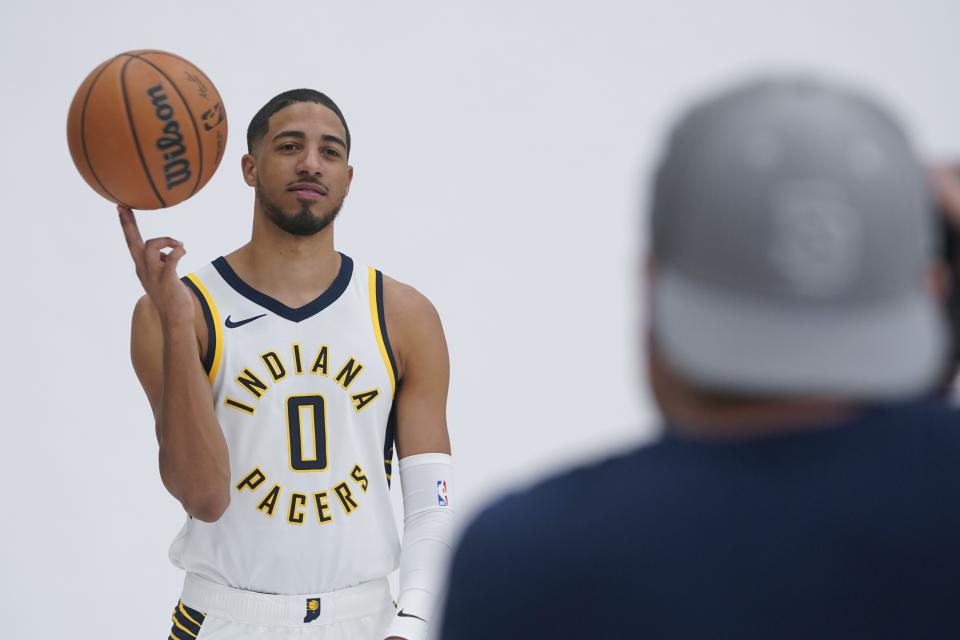 Indiana Pacers' Tyrese Haliburton poses for a photo during the NBA basketball team's media day, Monday, Oct. 2, 2023, in Indianapolis. (AP Photo/Darron Cummings)